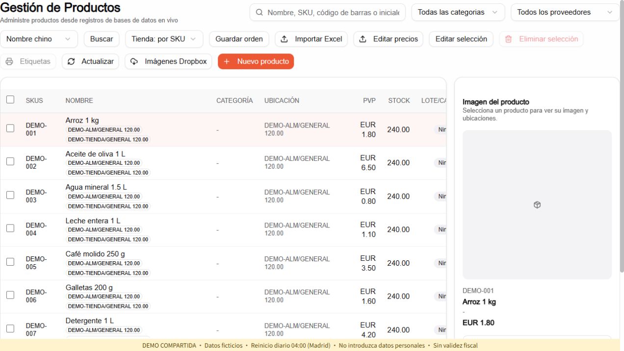 Pantalla real de POSNOU con productos ficticios, precios y existencias en dos almacenes.